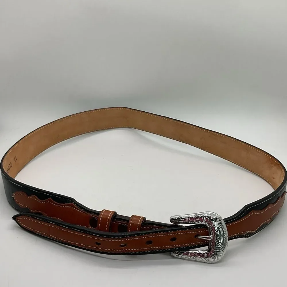 Tony Lama Men's Black and Brown Leather Belt with Silver Buckle